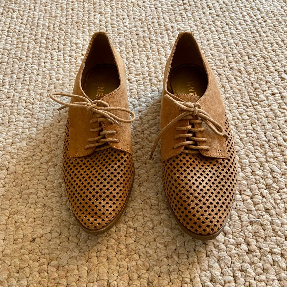 Anne Klein Suede Lace Up Loafer, Camel Colored